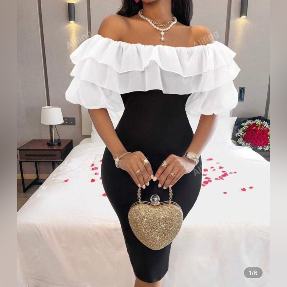 Elegant Off-Shoulder Black and White Dress